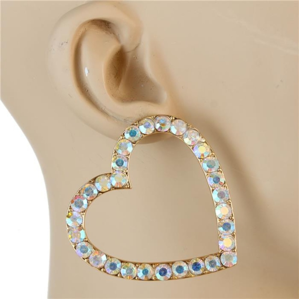 Gold Rhinestone Crystal Open Heart Shaped Hoop Stud Earrings Statement Jewelry